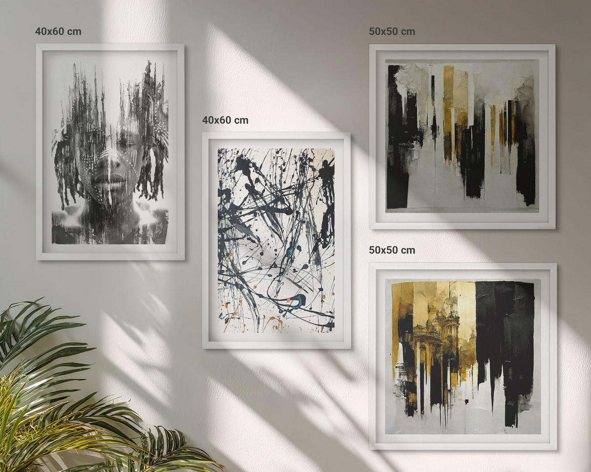 BILDER SET 4er Set - 50x50 cm & 40x60 cm Weißer Rahmen - Kontrastierende abstrakte Porträts - Weiß, Kunststoff (50/50cm) - TULUP