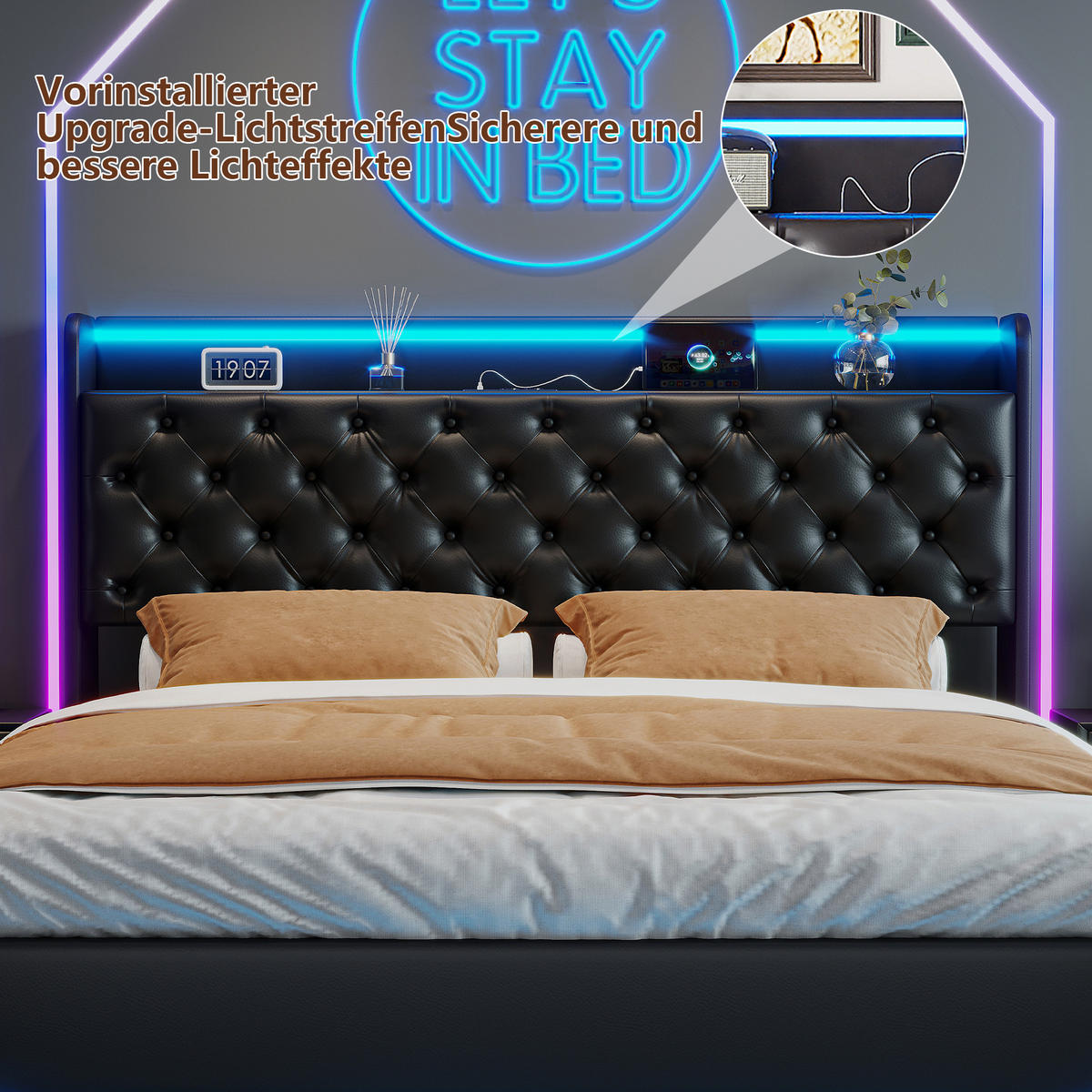 POLSTERBETT 160x200 cm Schwarz PU LED USB Stauraum - Schwarz, Metall (160/200cm) - SHOPENTRA