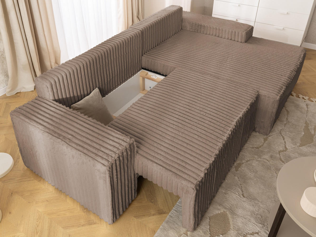 ECKSOFA Rivio mit Schlaffunktion und Bettkasten, Plüschcord Braun - Schwarz/Braun, Holz/Kunststoff (262/149cm) - S-Style