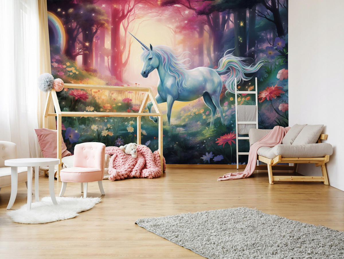 FOTOTAPETE Mädchen Einhorn Rosa 368x254 cm - Multicolor, Textil (368/254cm) - Wallarena