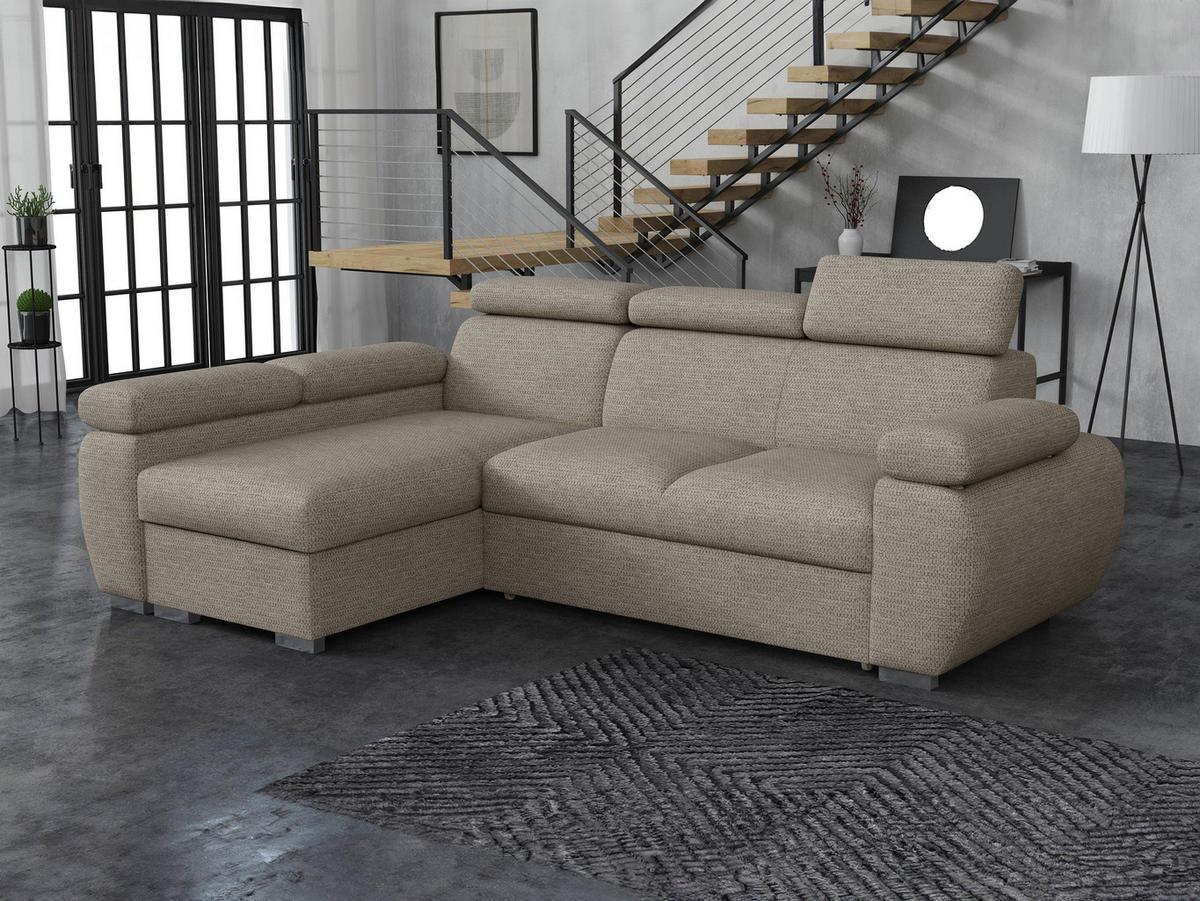 ECKSOFA Boston Mini, Seite: Links - LC+2R - Chromfarben/Hellbraun, Holz/Textil (255/170cm) - MIRJAN24