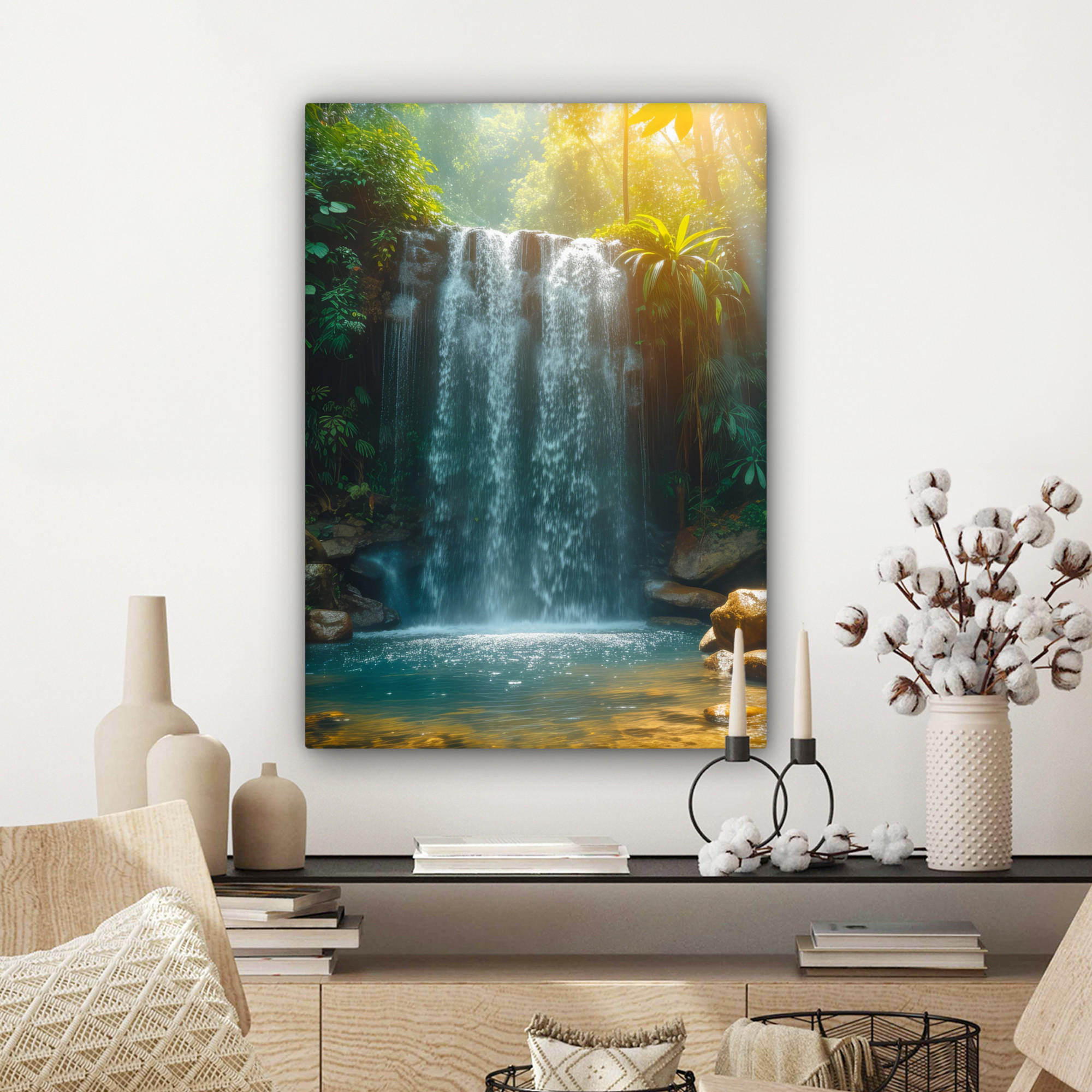 LEINWANDBILD Wasserfall - Dschungel - Sonne - Grün - Natur 60x80 cm - Grün, Textil (60/80cm) - MuchoWow