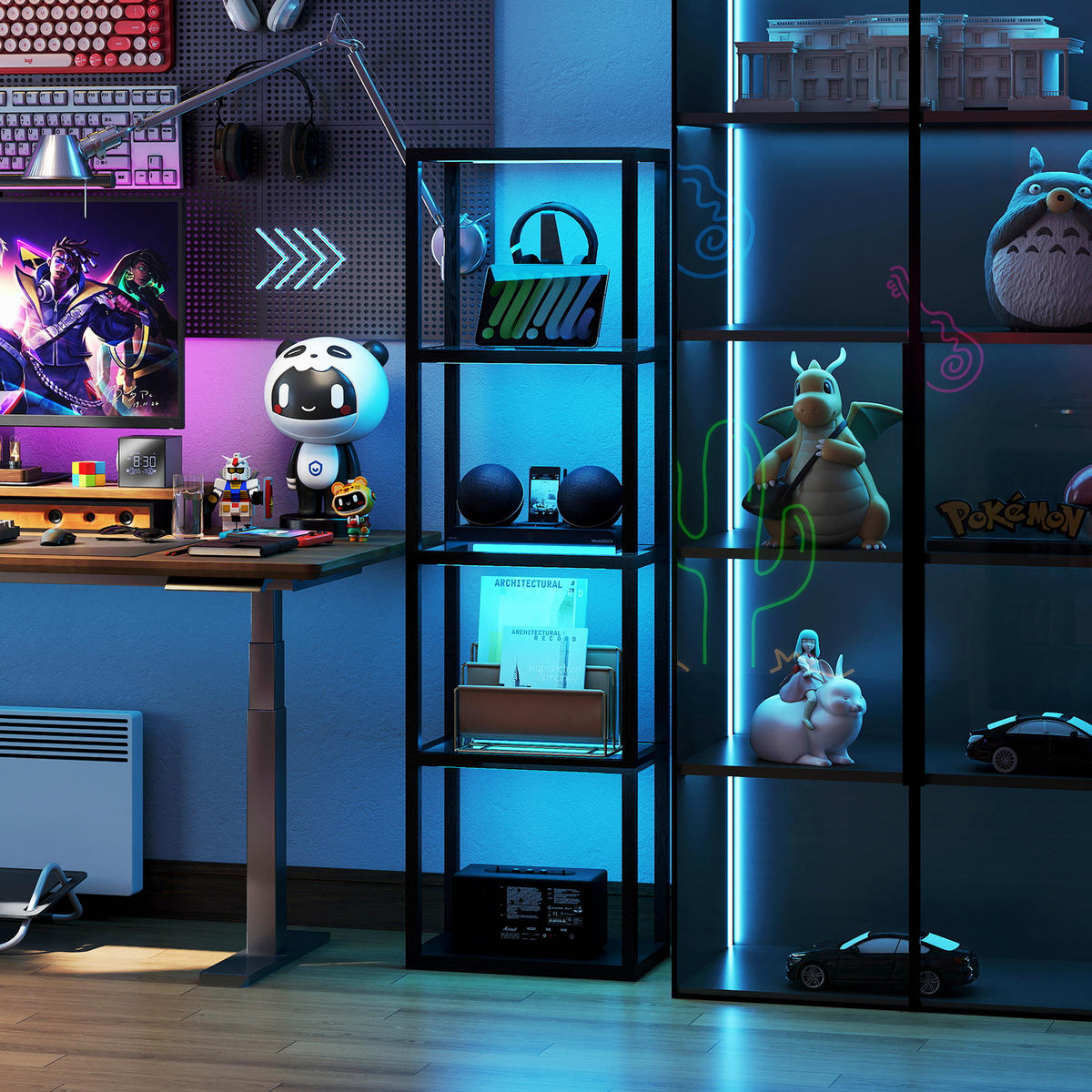 RGB Stehlampe mit Glasregalen, 4-Ebenen-LED-Stehleuchte mit Fernbedienung - Schwarz, Holzwerkstoff (45/29/157cm) - HOMCOM