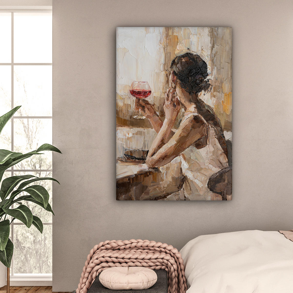 LEINWANDBILD Ölgemälde - Frau - Wein Deko Groß 90x140 cm - Hellbraun, Textil (90/140cm) - MuchoWow