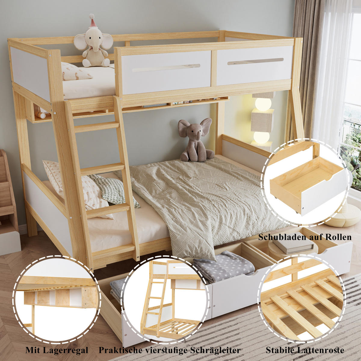 ETAGENBETT aus Kiefer und MDF 90x200/120x200 cm Weiß/Natur mit 3 Schubladen, Bilderbuchständer und Leiter - Weiß, Holzwerkstoff (90/200cm) - Modfu
