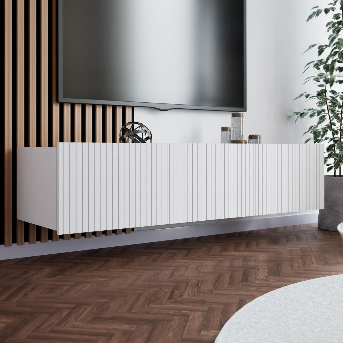 LOWBOARD Kavell mit 2 Türen, 150 cm, stehend/hängend, weiß matt - Weiß, Holzwerkstoff (150/37.5/43cm) - Beautysofa