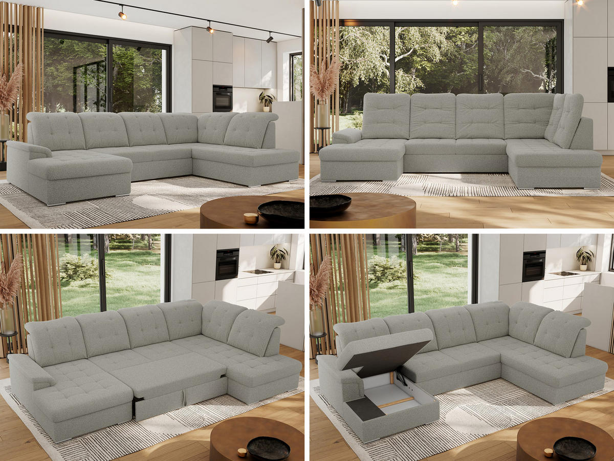WOHNLANDSCHAFT MADRITO U - Hellgrau Boucle - Rechts - Silberfarben/Hellgrau, Textil/Metall (323/89/204cm) - MKS