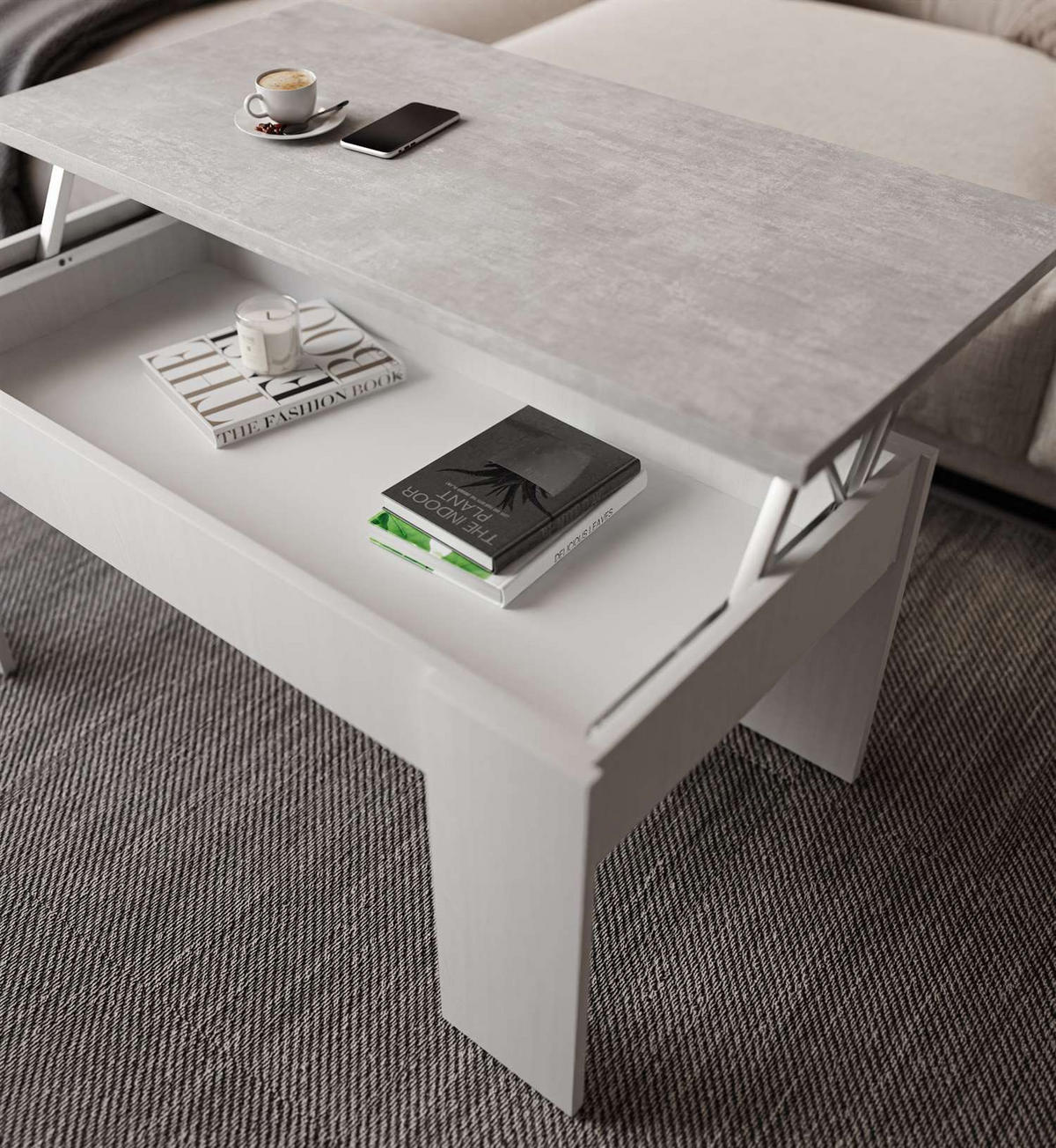 AUSZIEHBARER Couchtisch APERTO, Weiß Rustica / Beton - Grau, Holzwerkstoff (100/45/50cm) - Lookway