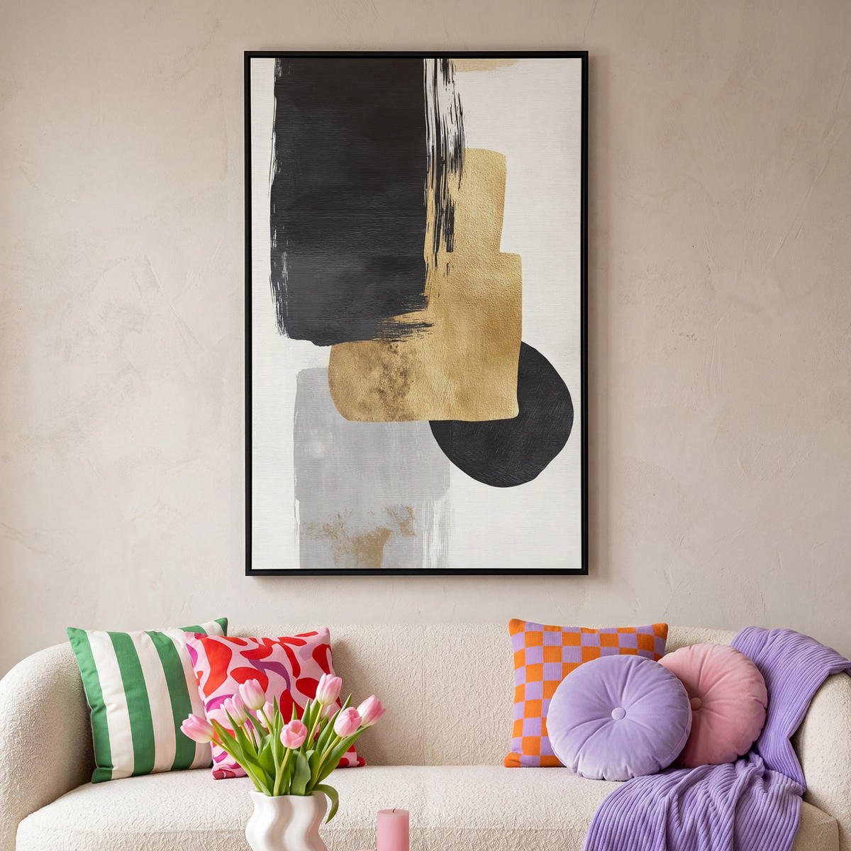 LEINWAND Bilder mit Rahmen - Gold - Rechtecke - Kreise - Abstrakt - 80x120 - Weiß, Textil (80/120cm) - MuchoWow