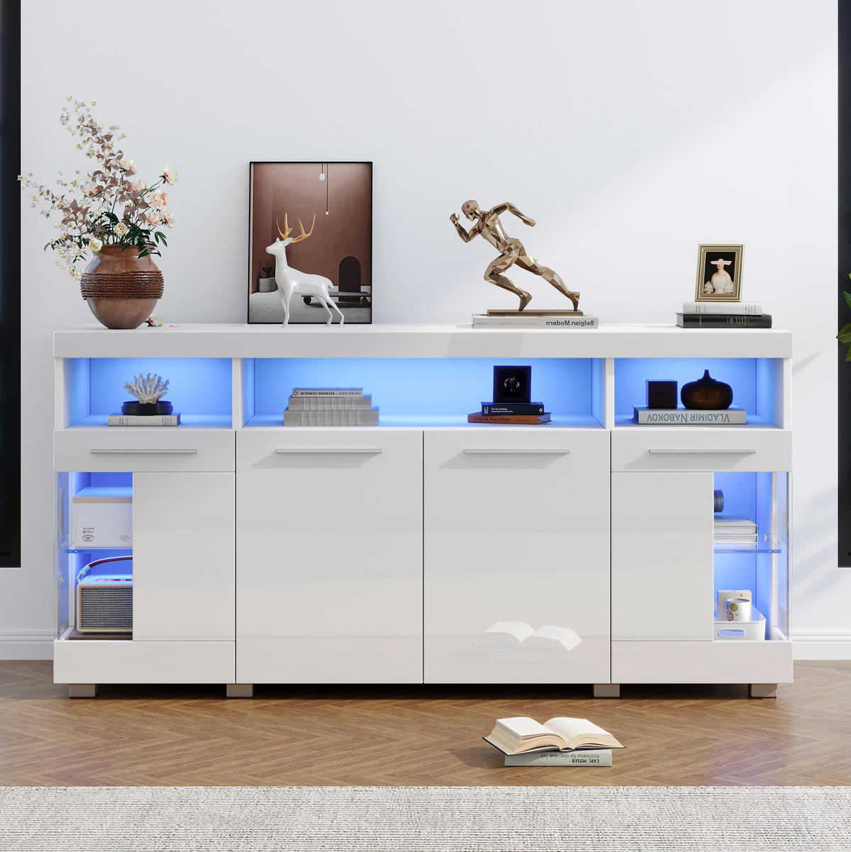 SIDEBOARD aus MDF 140x40x70 cm Weiß mit LED-Beleuchtung, Hochglanztüren und Glaseinsätzen - Weiß, Holzwerkstoff (140/70/40cm) - IVMEU
