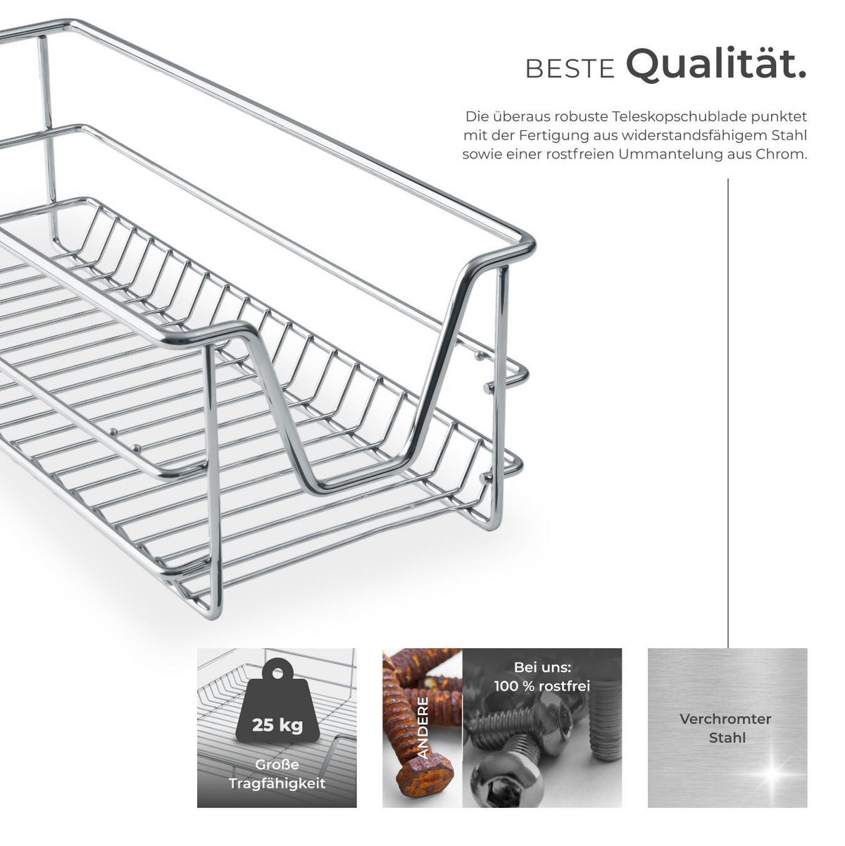 TELESKOPSCHUBLADE ,einfache Montage,grau - Grau, Metall (27/14/44cm) - tectake