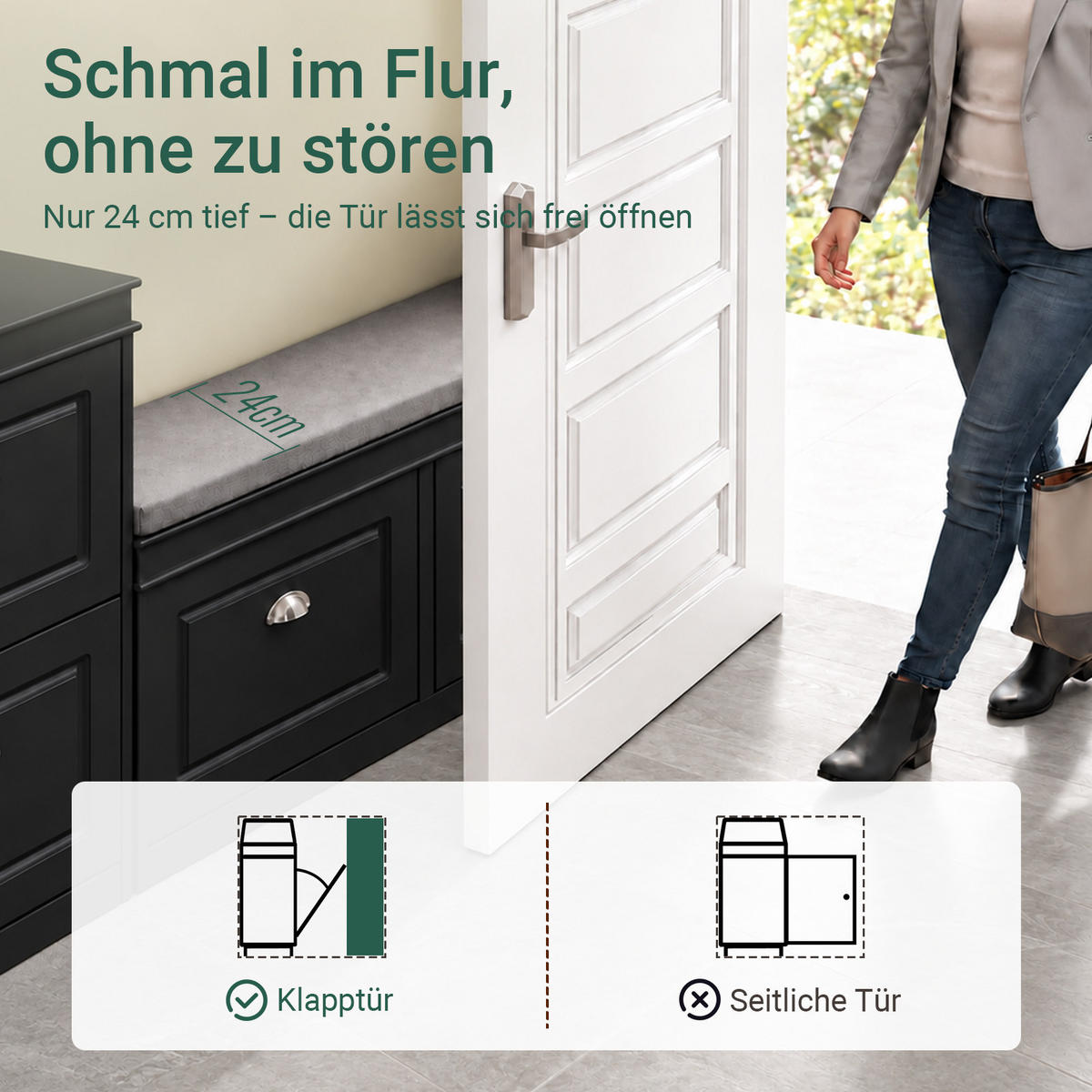 SCHUHBANK schwarz, 104x52x24 cm, Sitzpolster, 2 Klappen für 8 Paar, bis 150 kg, verstellbare Böden, für Flur & Diele - Schwarz, Holzwerkstoff (104/52/24cm) - SoBuy