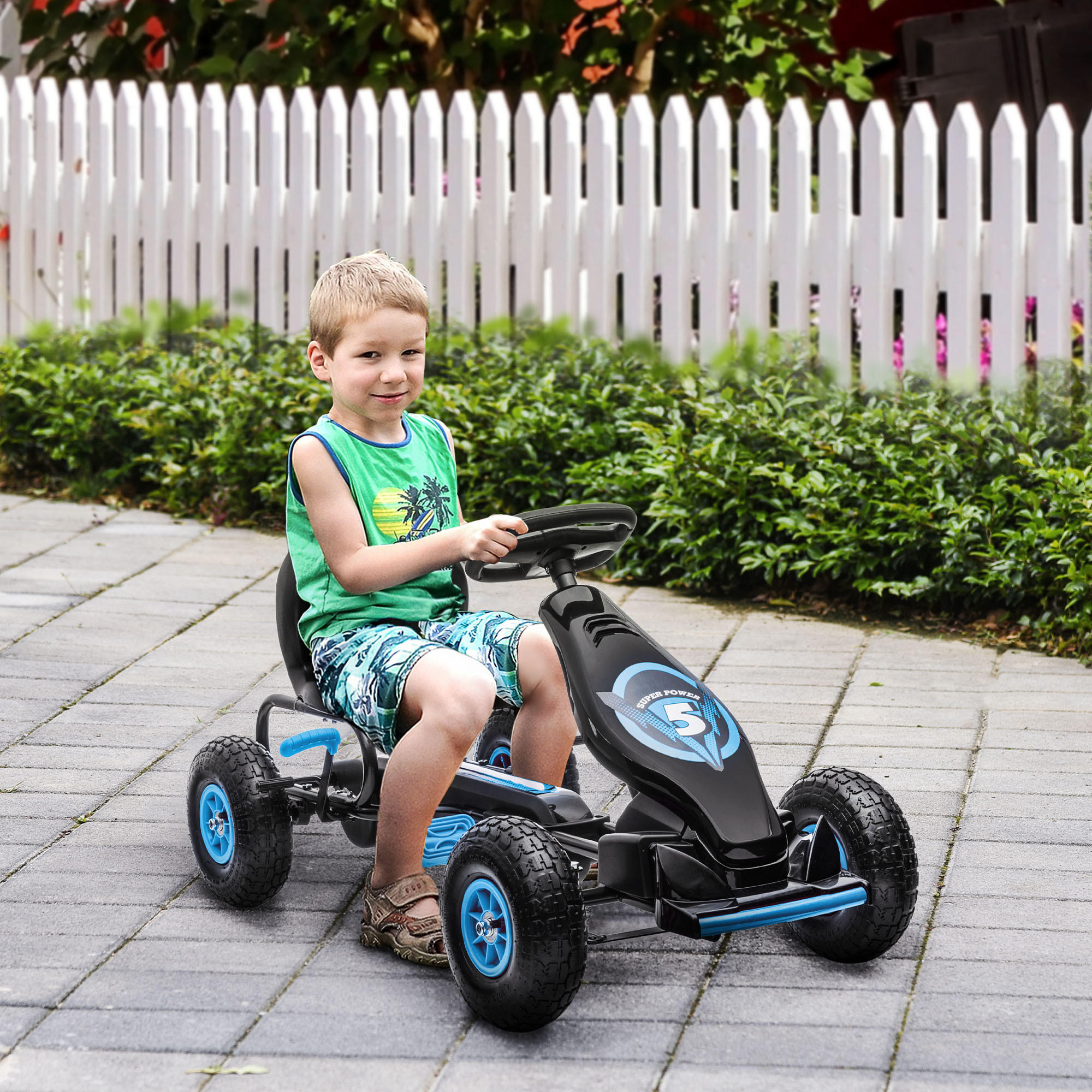 KINDER GO KART TRETAUTO, Blau+Schwarz/Grün+Schwarz/Rot+Schwarz, Metall - Blau, Metall (121/58/61cm) - HOMCOM