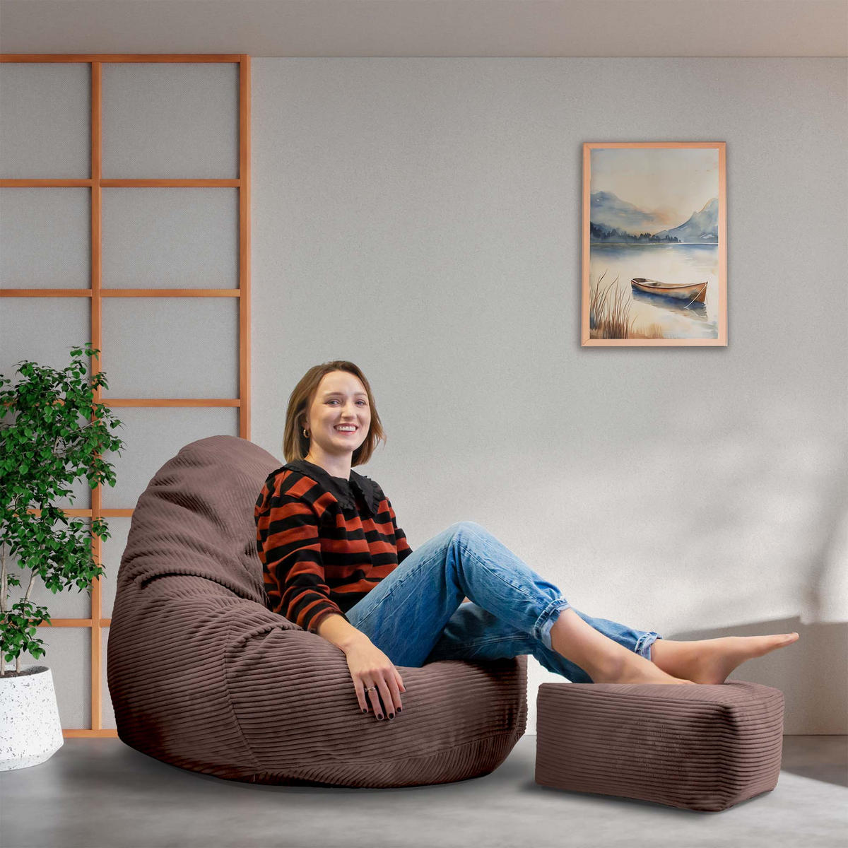 SITZSACK PARADISE MIT FUßSTÜTZE Kordsamt 2-tlg Roasted Cocoa M - Dunkelbraun/Braun, Textil (90/100/90cm) - Dreamroots