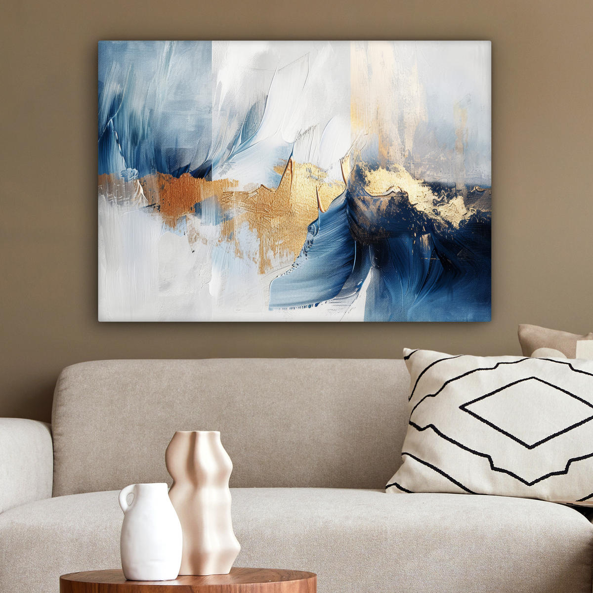 LEINWANDBILD Gold - Blau - Aquarell - Kunst - Modern Wandbilder 80x60 cm - Hellblau, Textil (80/60cm) - MuchoWow