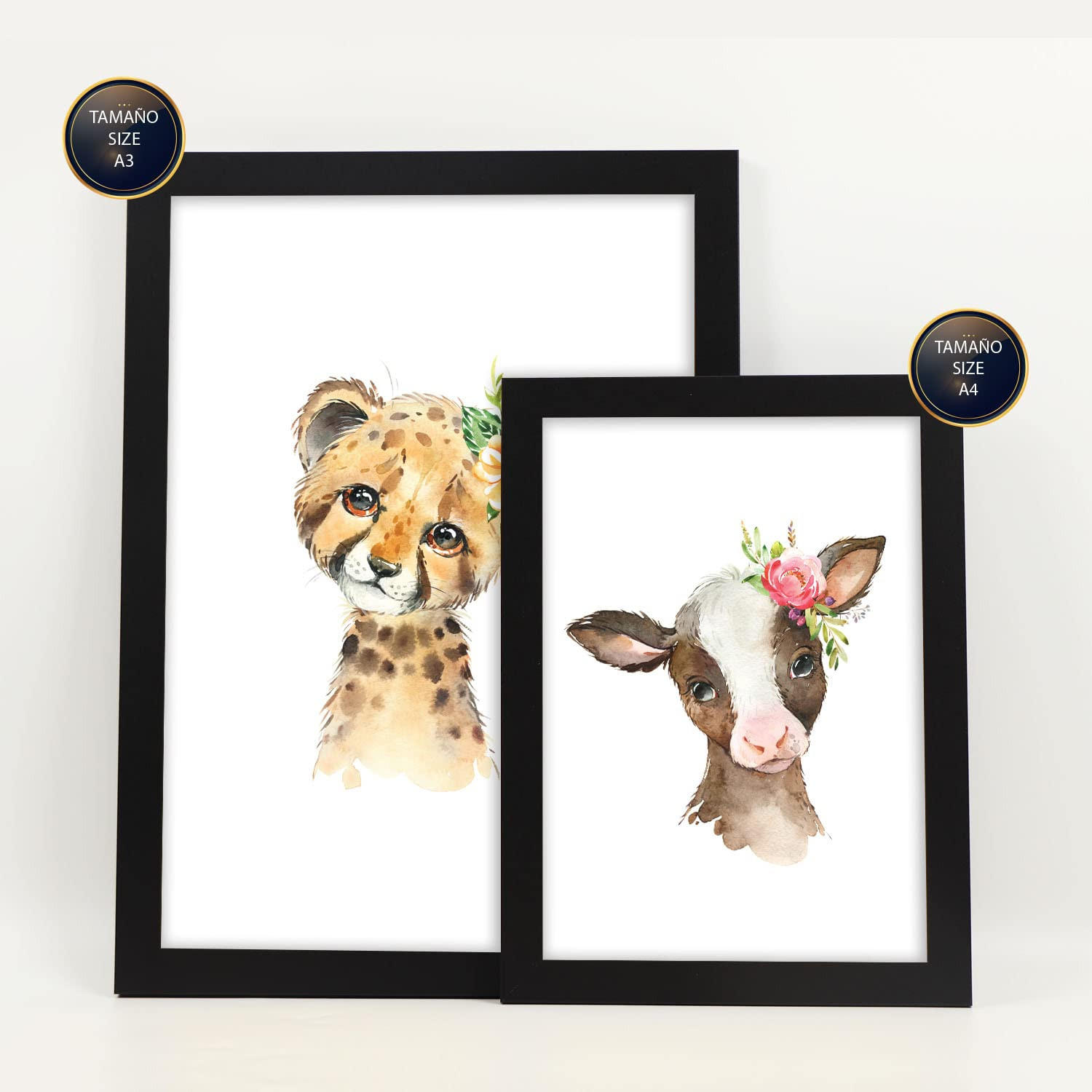 POSTER Set Mit 6 Blumentiere Weißer Hintergrunddruck Mit Baby Tiermotiven Im Pastell Aquarell Stil Innenarchitektur A3 & A4 Schwarzer Rahmen - Schwarz, Papier (29/3cm) - Nacnic