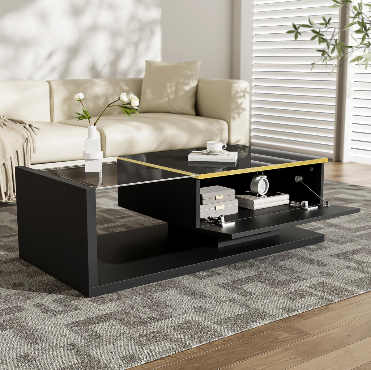 COUCHTISCH 100/50/32,5 cm in Hochglanz-Schwarz mit Glas und LED-Beleuchtung - Schwarz, Holzwerkstoff (100/50/32.5cm) - Flora Grace