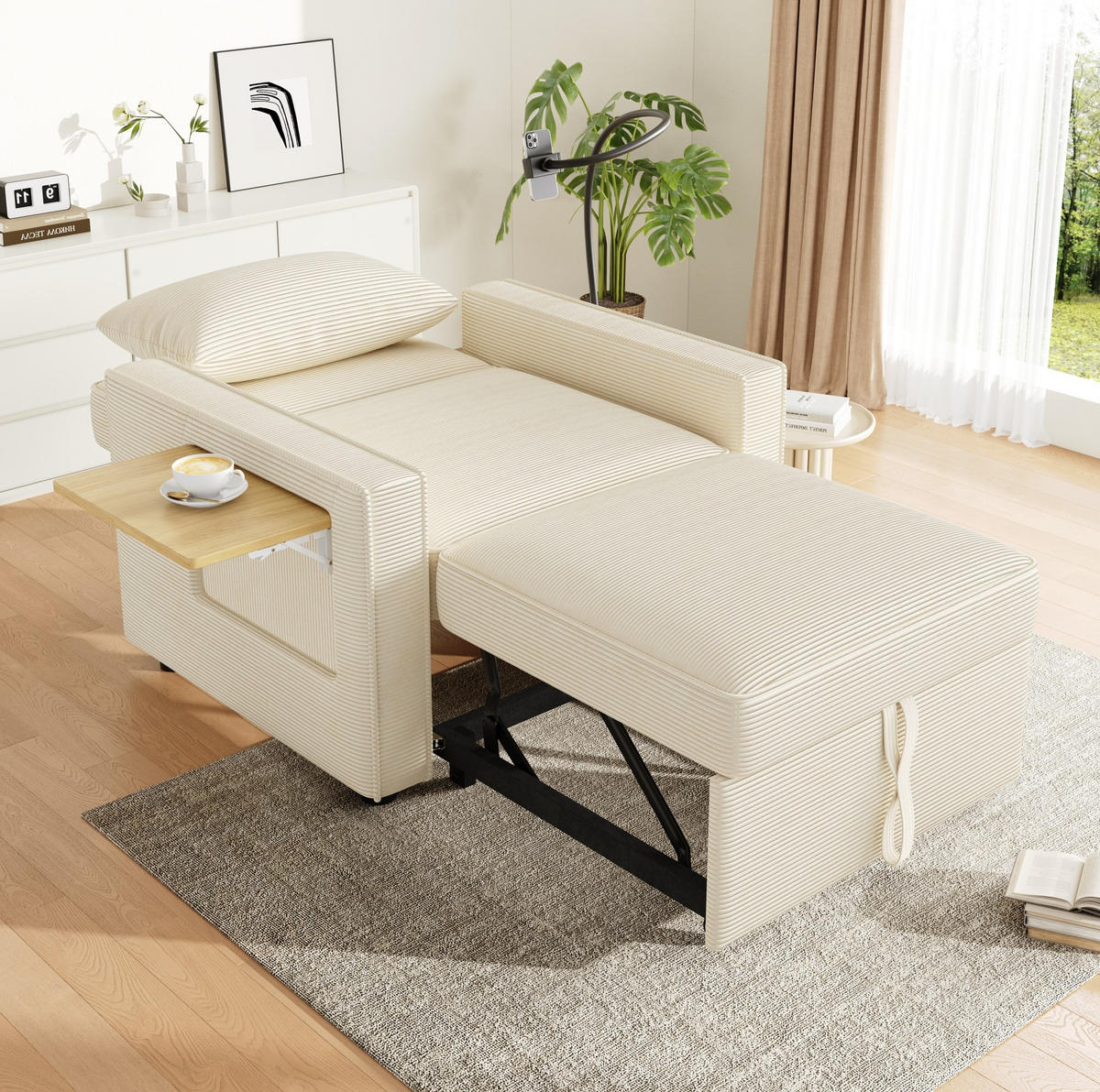 SCHLAFSOFA 1-Sitzer, Cord mit USB-Anschluss & Beistelltisch, 93/150/85 cm, Beige - Beige, Textil (93/85/150cm) - Redom