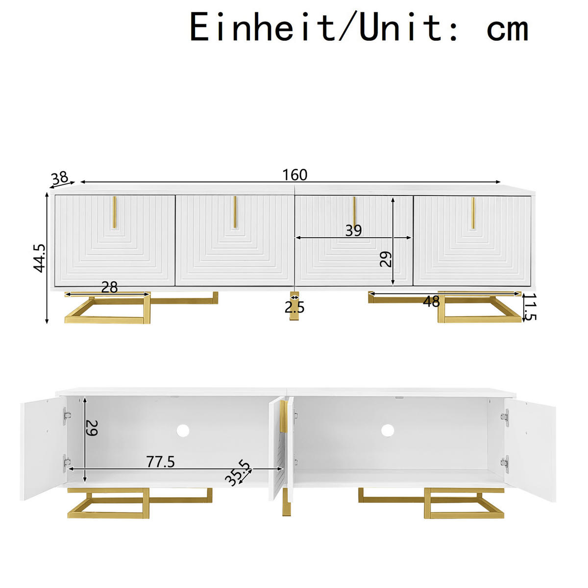 LOWBOARD 160/38/44,5 cm mit 4 Türen und Soft-Close in Weiß - Weiß, Holzwerkstoff (160/44.5/38cm) - BEAOK