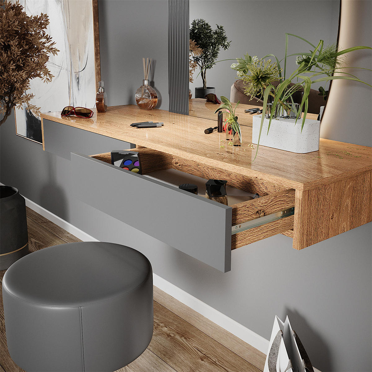SCHMINKTISCH Melisa Grau 120 cm mit Beleuchtung und Hocker - Eichefarben/Grau, Holzwerkstoff (120/161.1/40cm) - Vicco