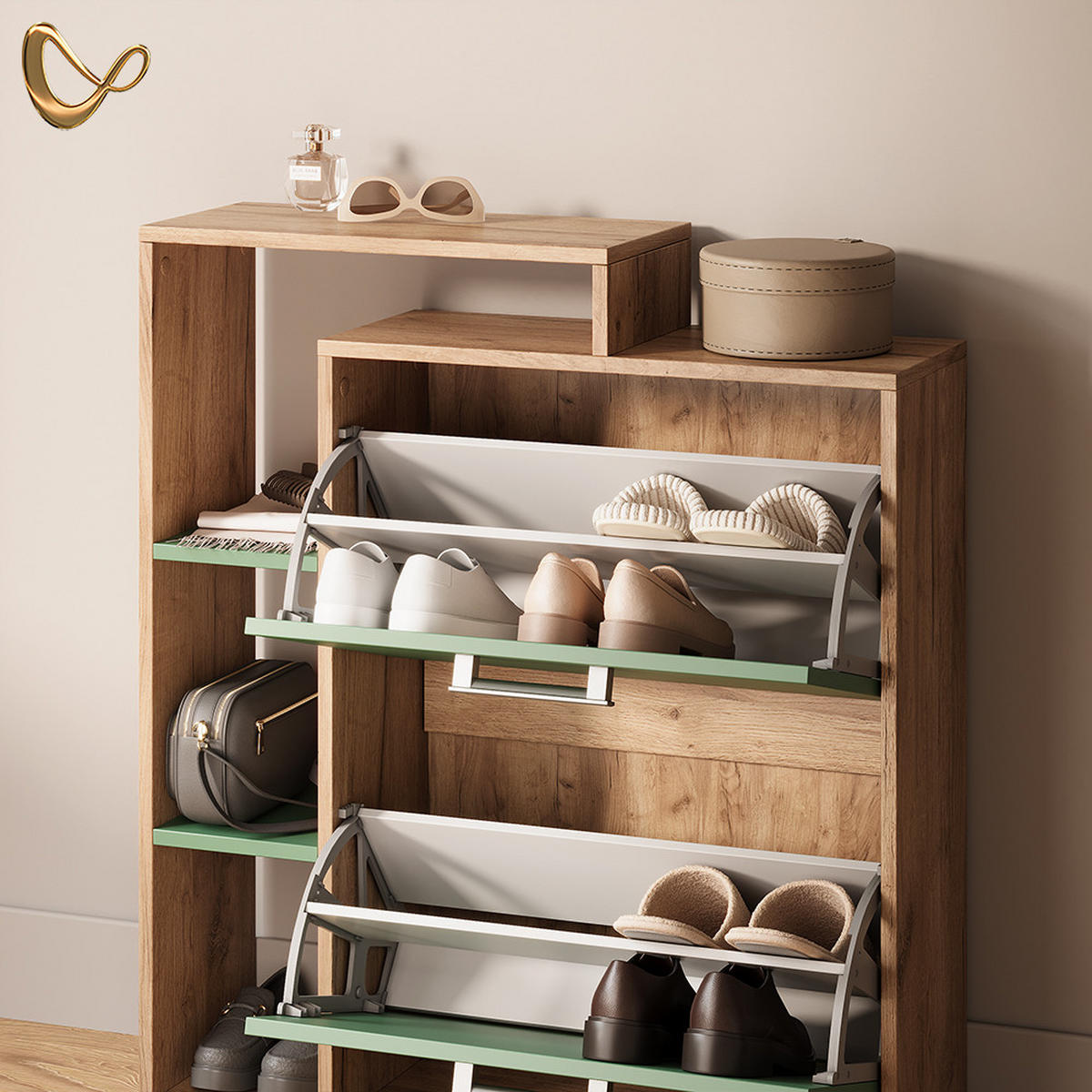 SCHUHKIPPER Ortello Goldkraft Eiche/Grün 80 x 90 cm - Eichefarben/Grün, Holzwerkstoff (80/90/24.2cm) - Livinity®