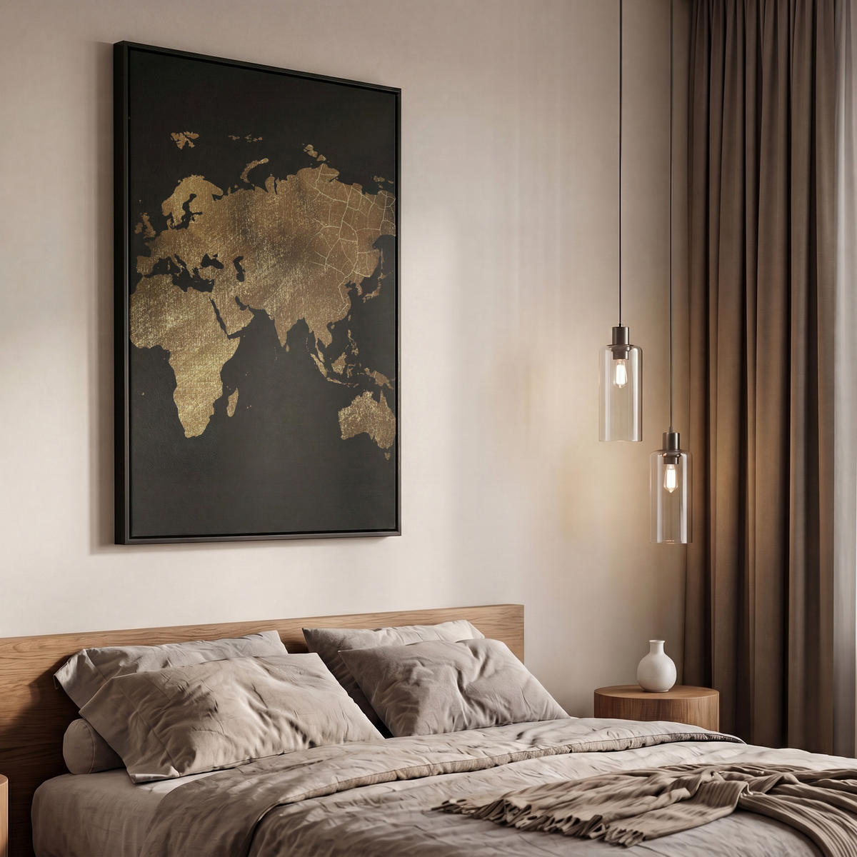 LEINWAND Bilder mit Rahmen - Weltkarte - Gold - Luxus - Erde - Schwarz - 60x90 - Goldfarben, Textil (60/90cm) - MuchoWow