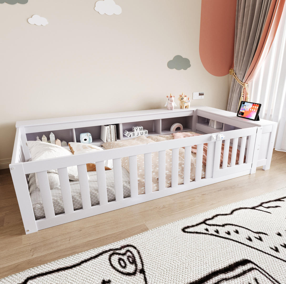 KINDERBETT aus Holz 90x200 cm Weiß mit Stauraum und Sicherheitsgitter - Weiß, Holz (90/200cm) - IVMEU
