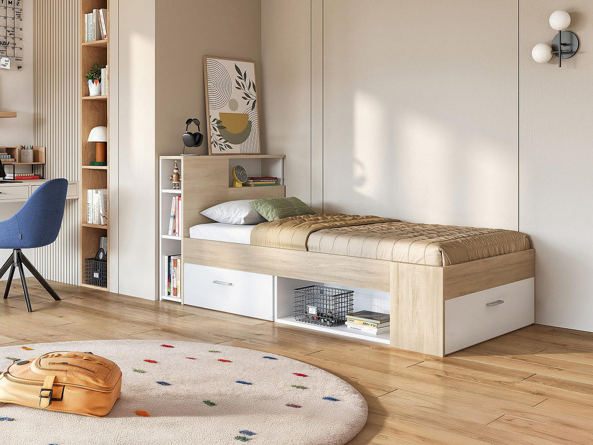 BETT mit Kopfteil, Stauraum & Schublade + Lattenrost - 90 x 190 cm - Weiß und Holzfarben - LEANDRE - Naturfarben, Holz (90/190cm) - Vente-Unique