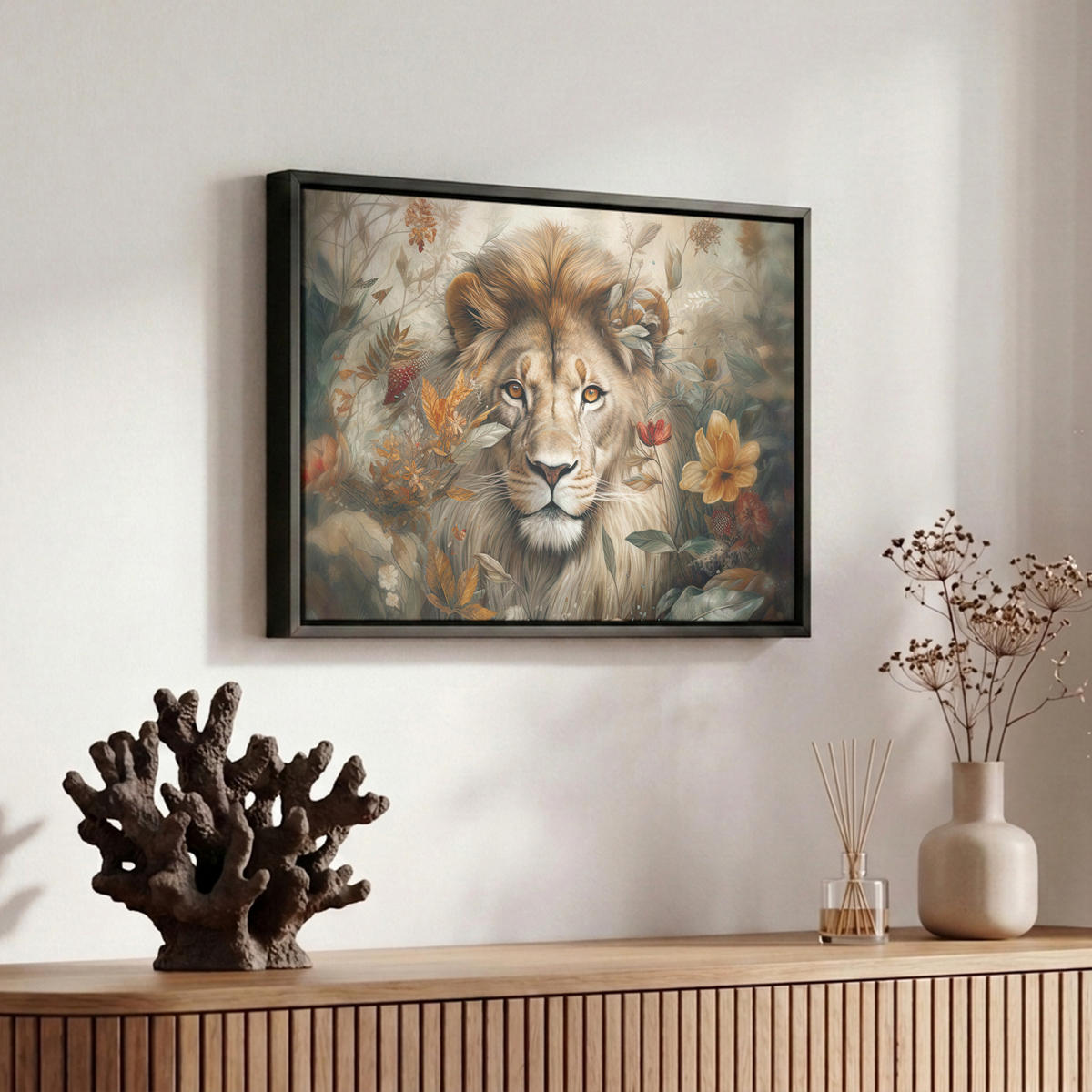 LEINWAND Bilder mit Rahmen - Löwe - Wildtiere - Pflanzen - Natur - Blumen - 30x20 - Beige, Textil (30/20cm) - MuchoWow