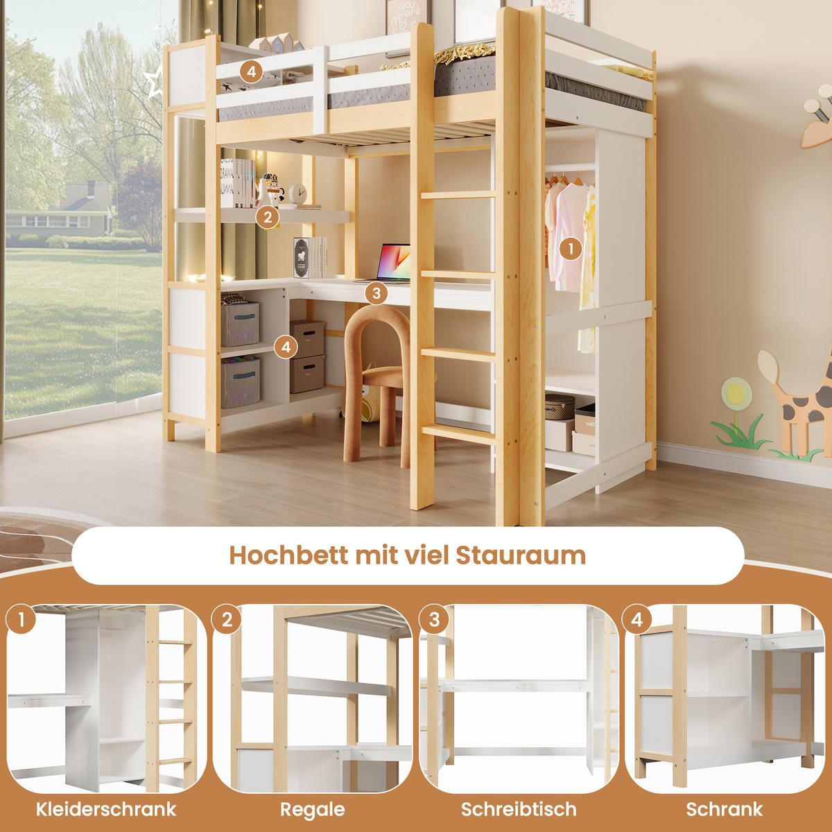 HOCHBETT 90/200 cm in Weiß/Natur mit Schreibtisch, Regalen und Kleiderschrank aus Kiefer - Naturfarben, Holz/Holzwerkstoff (90/200cm) - CHICFURN