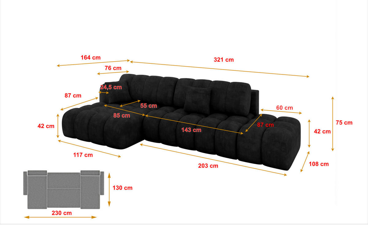 ECKSOFA mit Schlaffunktion Ottomane Links OLEA-L2 321x164x75 Schwarz Velours - Schwarz, Holzwerkstoff/Kunststoff (321/164cm) - ALTDECOR