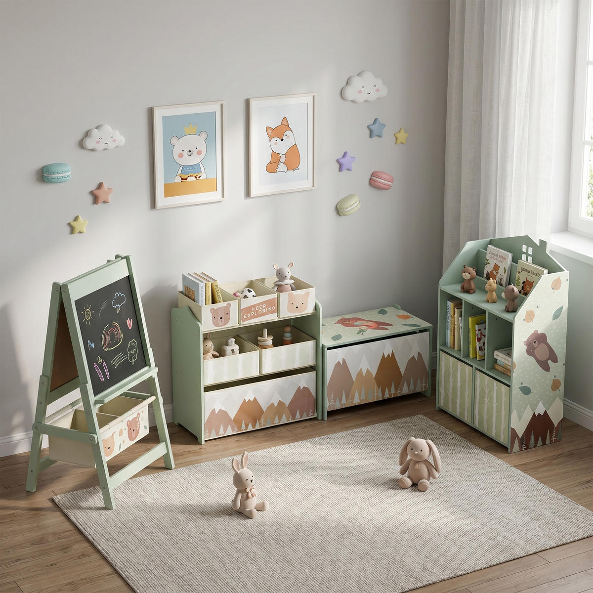 KINDER-BÜCHERREGAL MDF Vliesstoff Grün - Grün, Holzwerkstoff/Textil (30/91.5/62.5cm) - AIYAPLAY