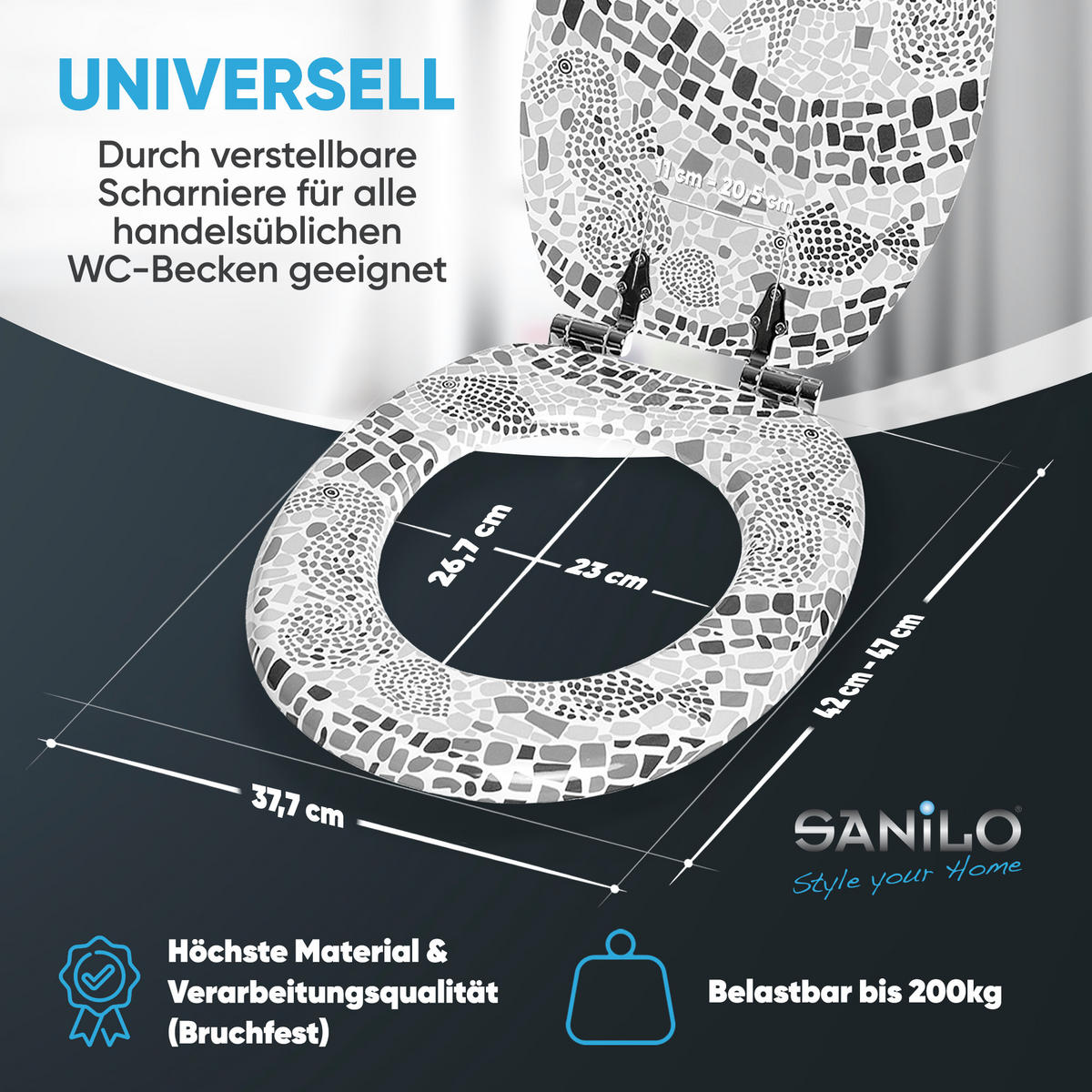 WC-SITZ Soft Close Mosaic World Grey - Grau, Holzwerkstoff (38/6/47cm) - Sanilo