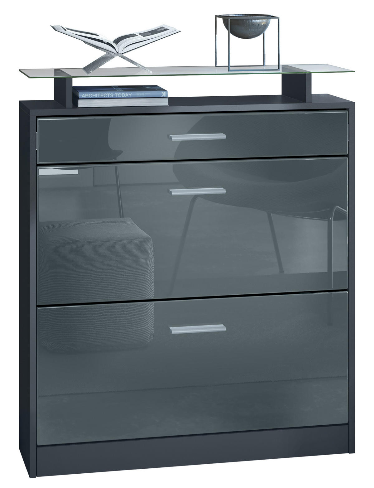 SCHUHSCHRANK Loret Fronten in Grau Hochglanz - Grau, Holzwerkstoff (89/104/23cm) - Vladon
