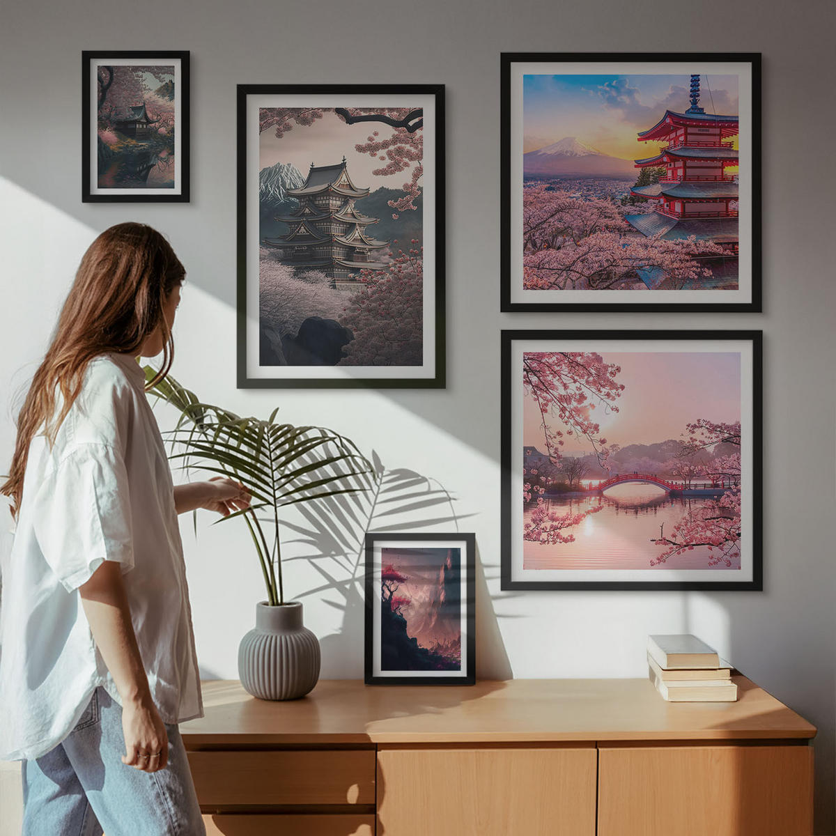 BILDER SET 5er Set - 50x50 cm & 20x30 cm & 40x60 cm Schwarzer Rahmen - Fantasielandschaften Japans - Schwarz, Kunststoff (40/60cm) - TULUP
