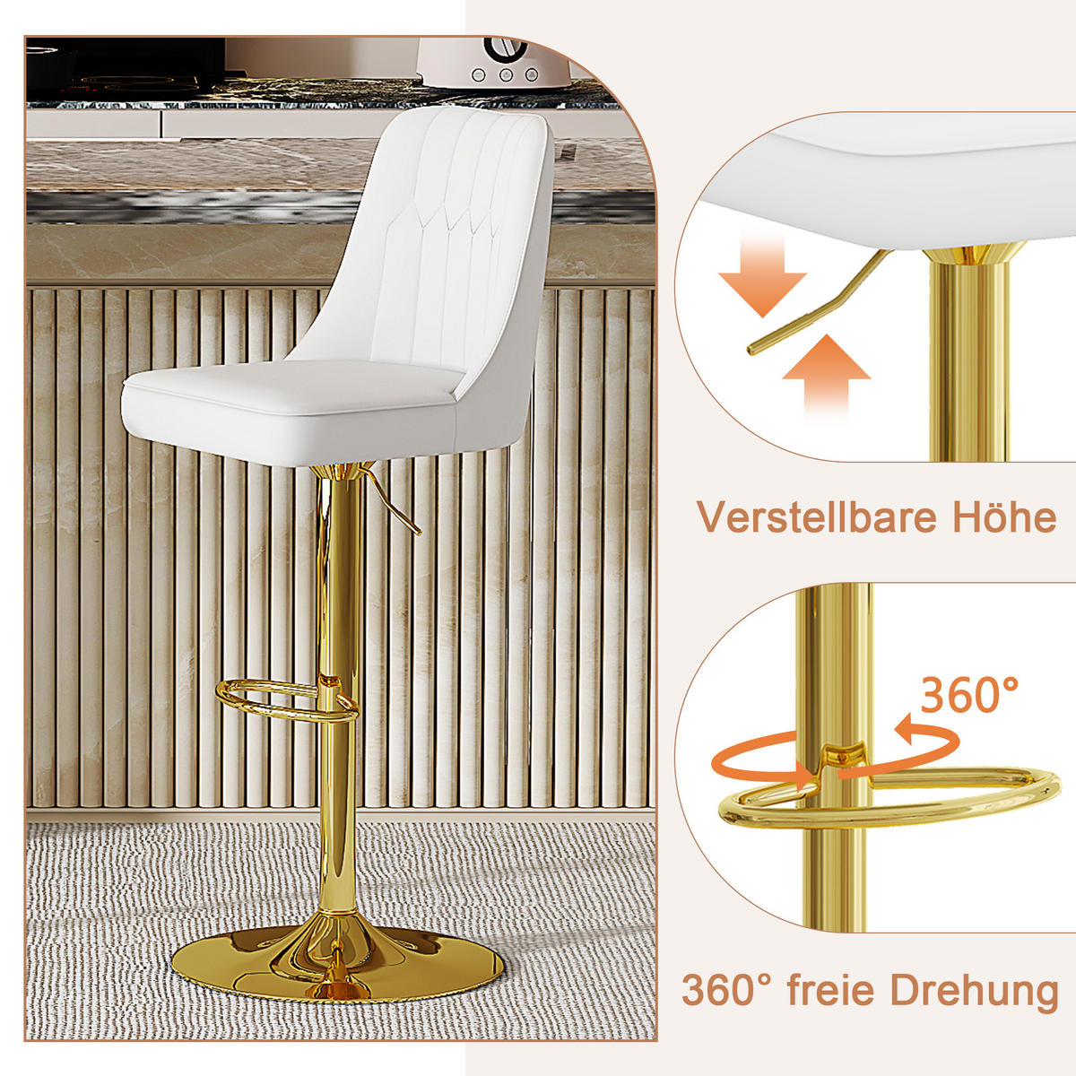BARHOCKER 2er-Set Weiß & Gold höhenverstellbar 360° drehbar mit Rückenlehne - Weiß, Metall (44/95.5/44cm) - PANGIVO