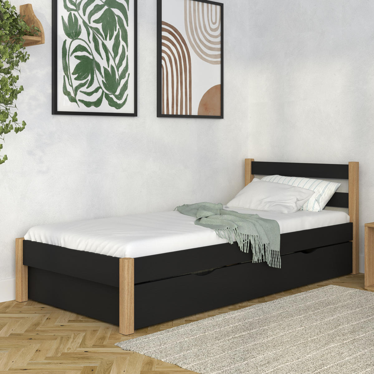 BETT mit Schublade N01 Schwarz / Eiche Natur 120/190 - Schwarz/Eiche Artisan, Naturmaterialien/Holz (120/190cm) - N-Wood