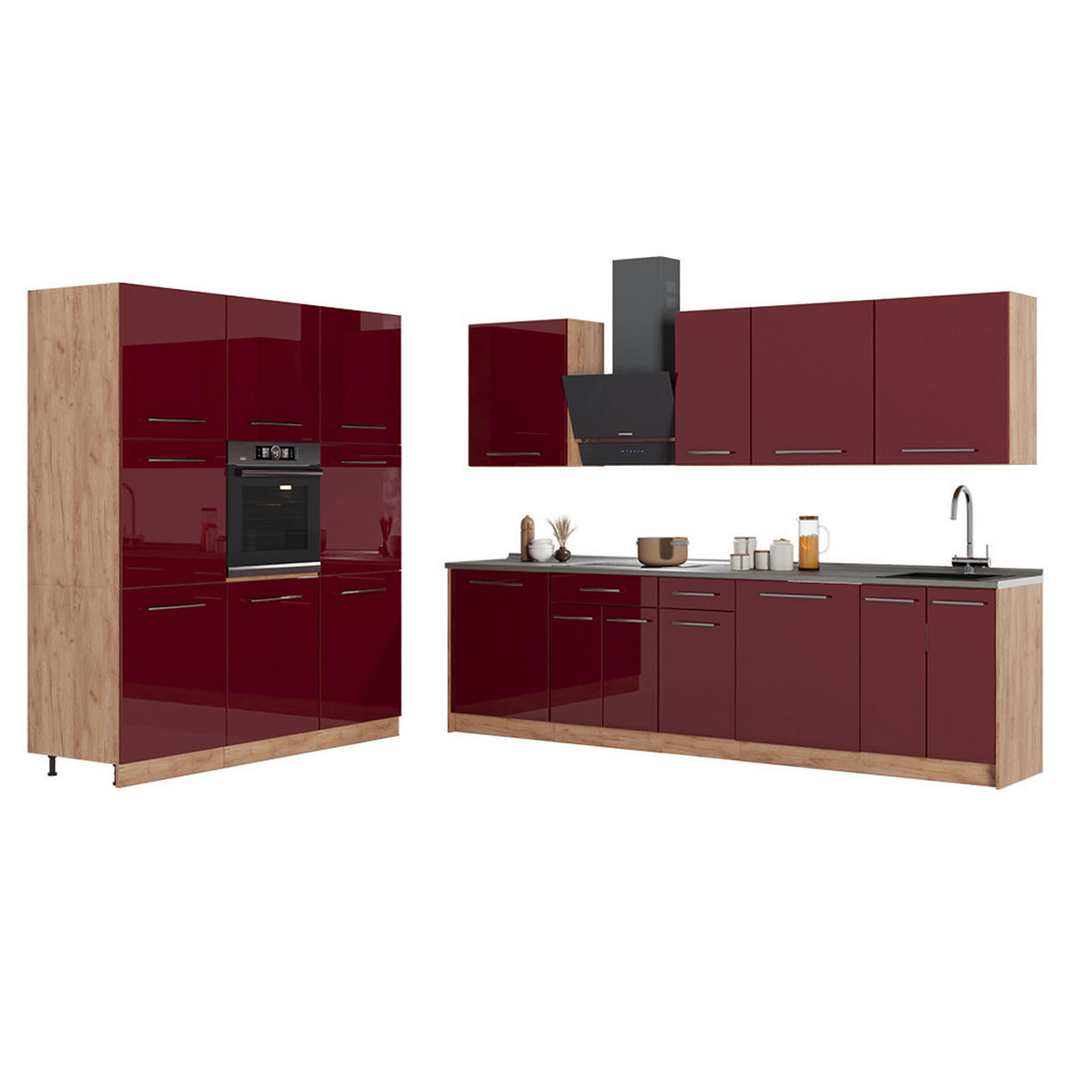 KÜCHENZEILE Fame-Line, Bordeaux Hochglanz/Goldkraft Eiche, 460 cm, AP Anthrazit - Honigeiche/Bordeaux, Holzwerkstoff (460/206.8/60cm) - Vicco