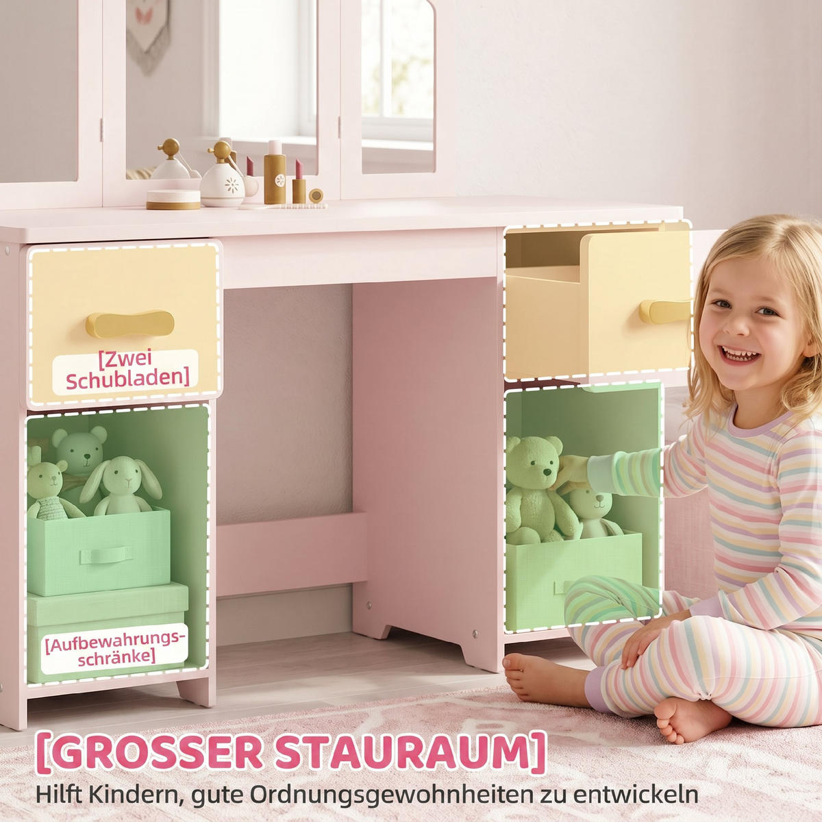 KINDERSCHMINKTISCH-SET MDF Acryl Rosa - Rosa/Naturfarben, Holzwerkstoff (33/90.7/79.5cm) - AIYAPLAY