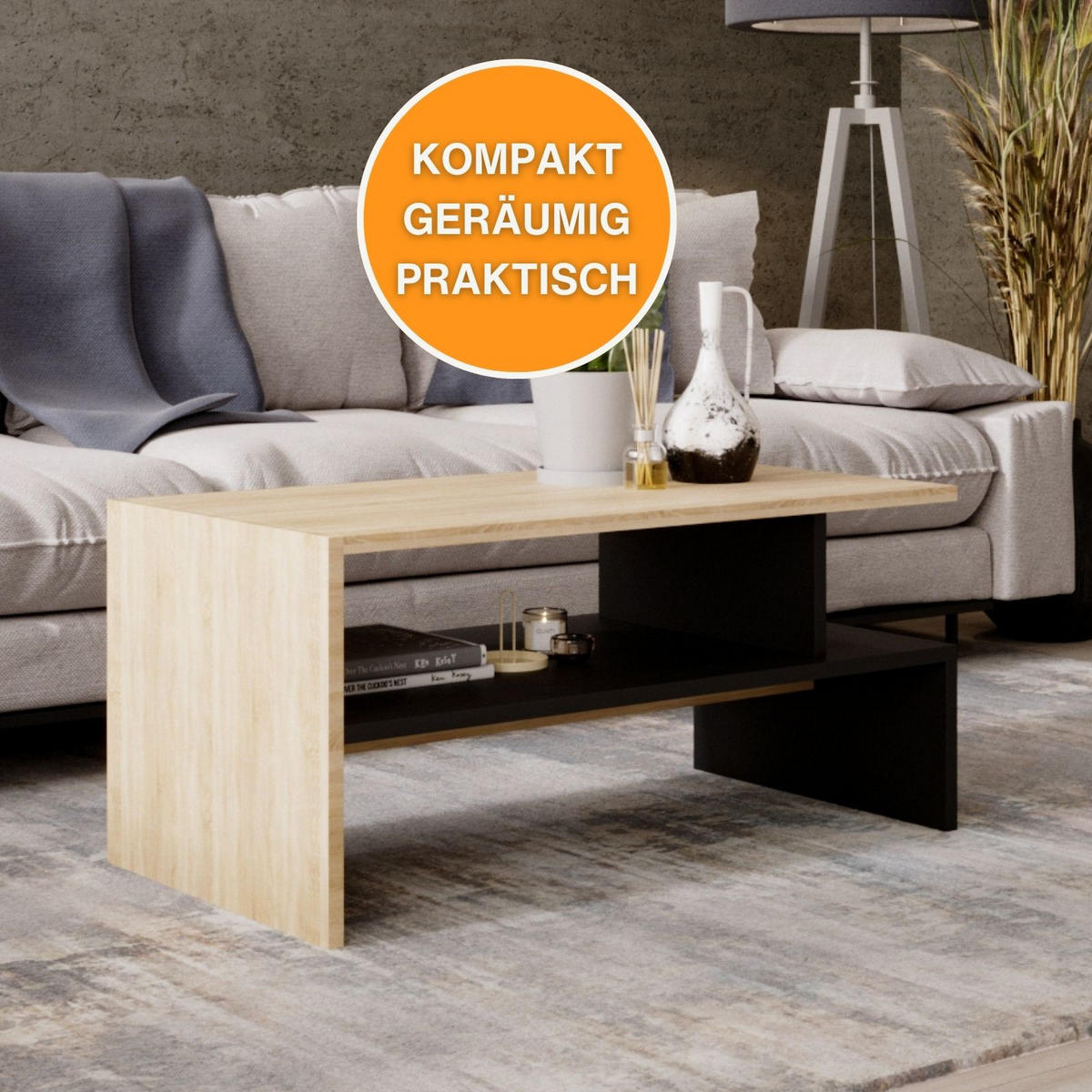 COUCHTISCH Holzwerkstoff rechteckig stabil Sonoma Eiche 50/45/93cm - Schwarz/Sonoma Eiche, Holzwerkstoff (50/93/45cm) - CraftPAK