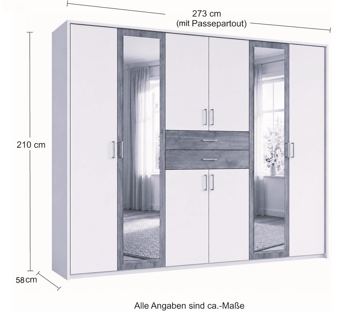 DREHTÜRENSCHRANK Kleiderschrank B273/H210/T58 cm mit Passepartout, Schubkästen & 2 Spiegeltüren, Eiche Dekor mit Absetzungen in Grafit / 22603 - Eichefarben/Silberfarben, Holzwerkstoff/Kunststoff (273/210/58cm) - luma-home