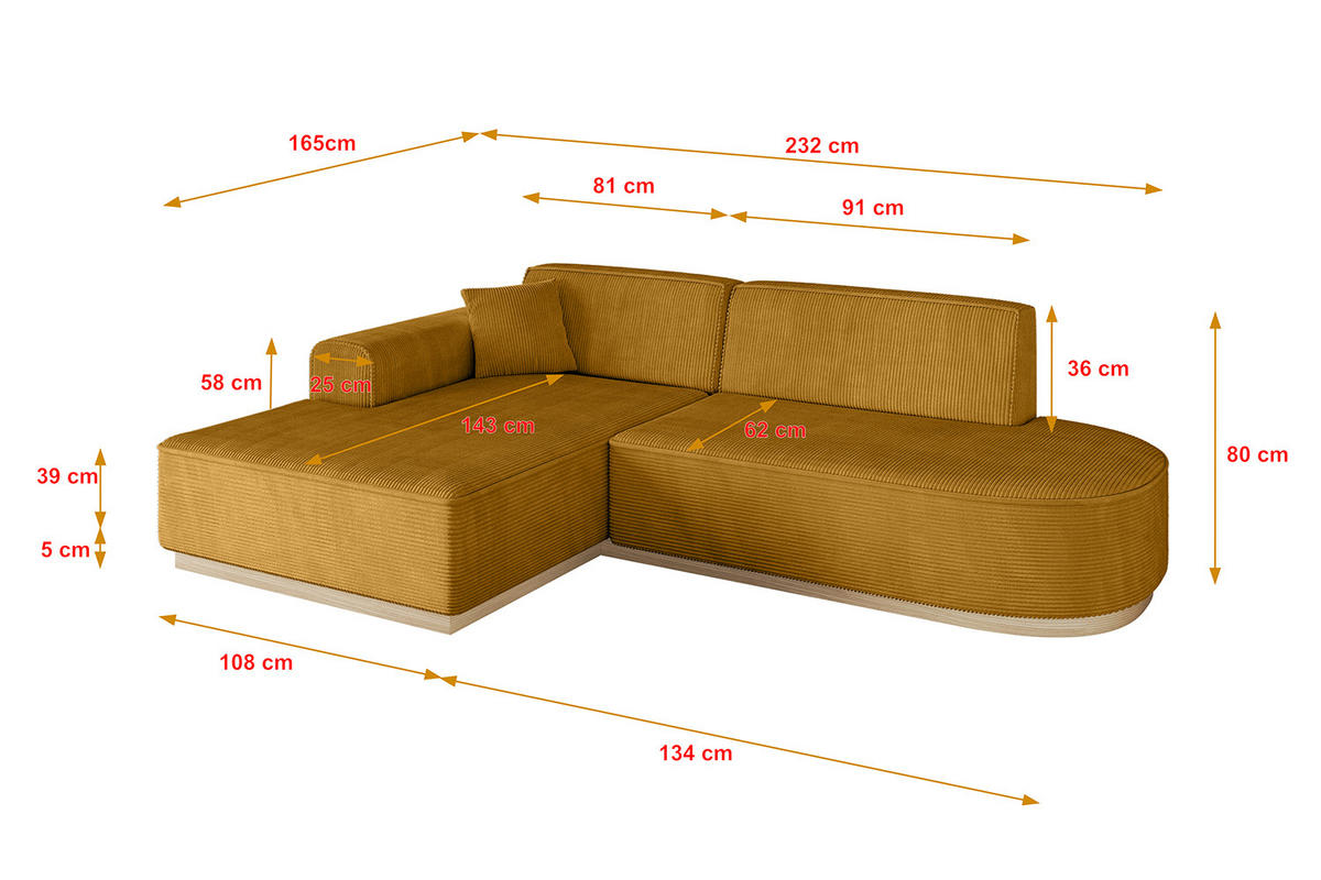 ECKSOFA Ottomane Links IREA-L1 - 232x165x80 cm Senfgelb - Grün, Holzwerkstoff/Textil (232/165cm) - ALTDECOR