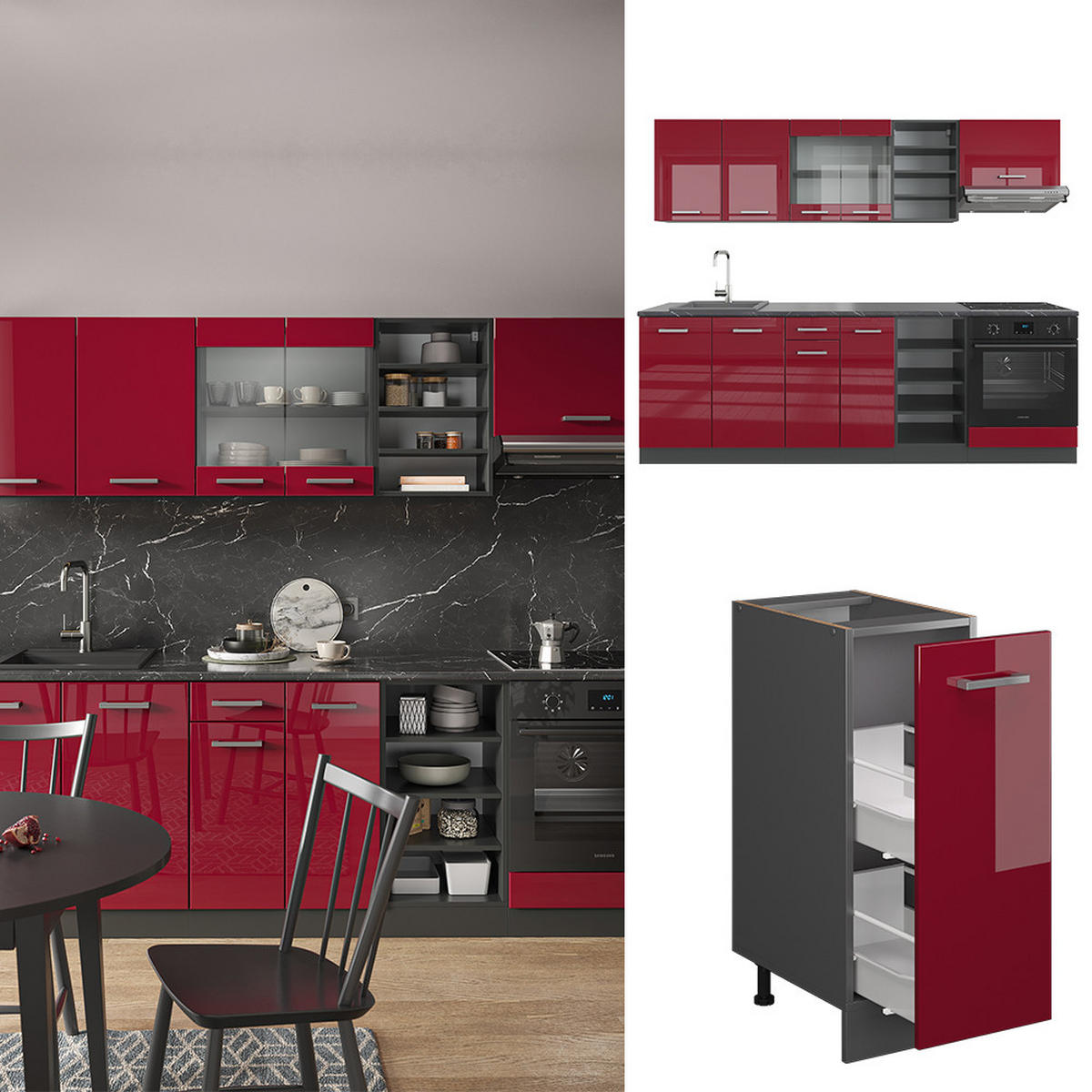 KÜCHENZEILE R-Line Bordeaux Hochglanz/Anthrazit 240 cm, AP Eiche - Bordeaux/Anthrazit, Holzwerkstoff (240/81.6/60cm) - Vicco