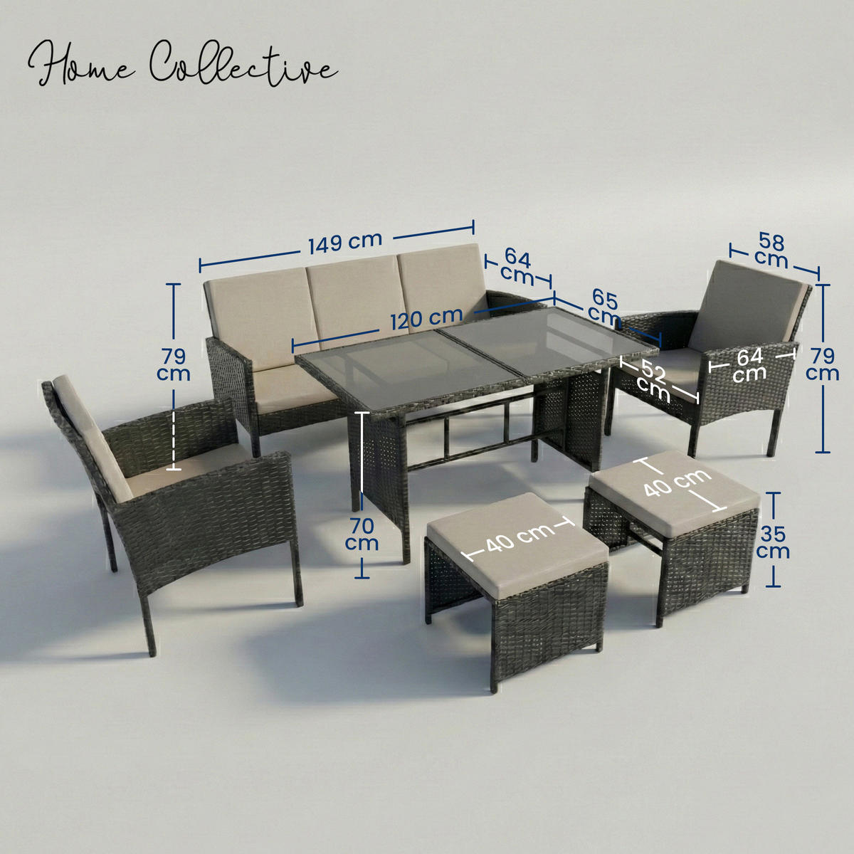 GARTENMÖBEL-SET mit 3-Sitzer Sofa, 2 Stühle, 2 Hocker mit graue Kissen - Grau, Metall - Home Collective