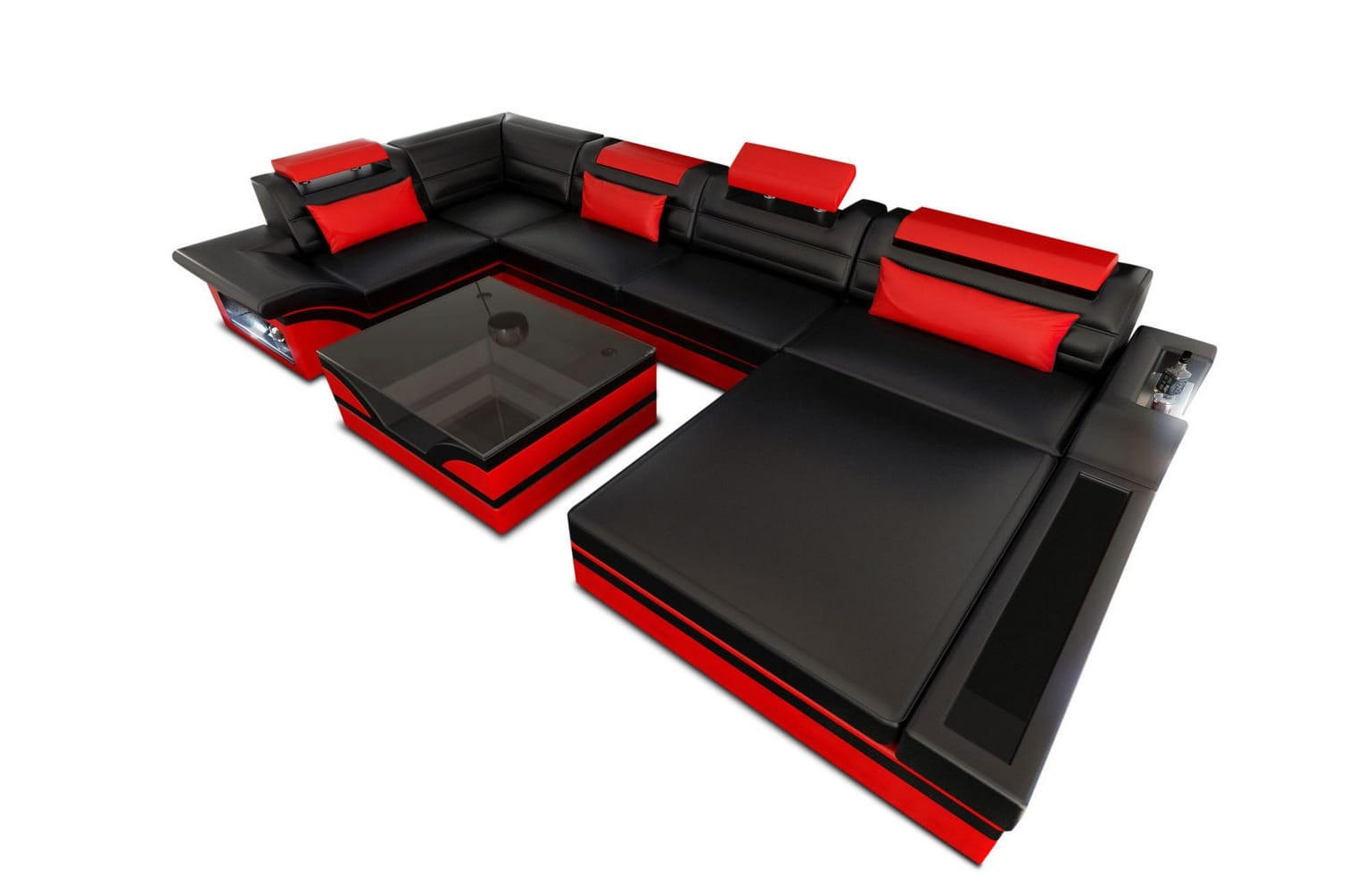 SOFA Mezzo U Schwarz Rot Büffelleder - Schwarz, Leder (372/78/214cm)