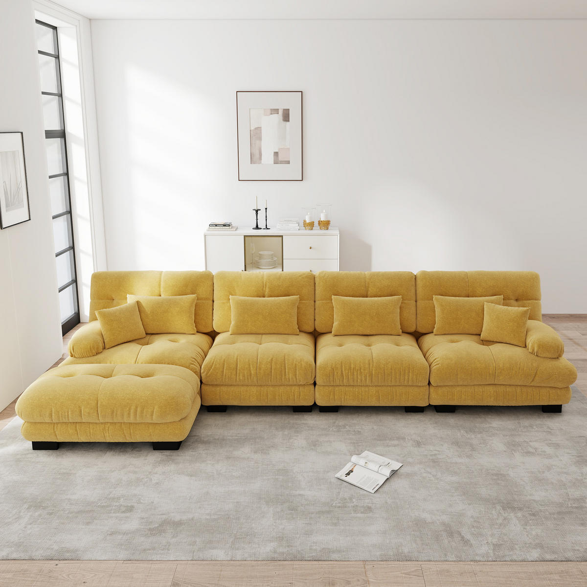 ECKSOFA aus Chenille in Gelb mit beweglichem Ottoman - Gelb, Textil (145/81/406cm) - Modfu