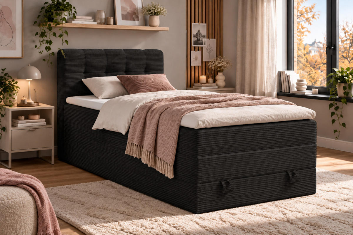 BOXSPRINGBETT JUNG 2 100/200 Cord Schwarz mit Matratzen H3 + H4 - Schwarz, Holz/Holzwerkstoff (100/200cm) - Deine Möbel 24