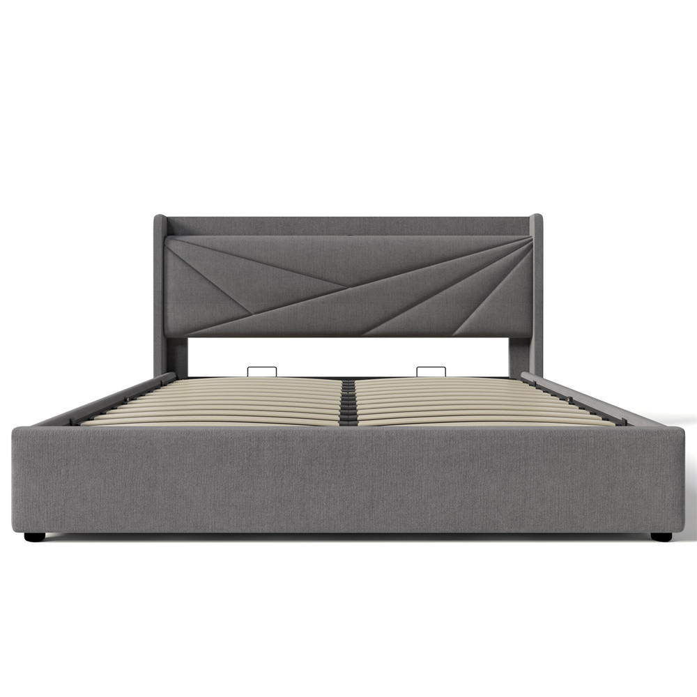 POLSTERBETT 140/200cm in Grau Leinen mit USB Typ C Ladefunktion Kopfteil - Grau, Holz/Textil (140/200cm) - KOMHTOM
