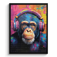 GERAHMTES BILD Graffiti - Schimpanse - Straßenkunst - Kopfhörer - Affe 60x80 cm - Blau, Papier (60/80cm) - MuchoWow