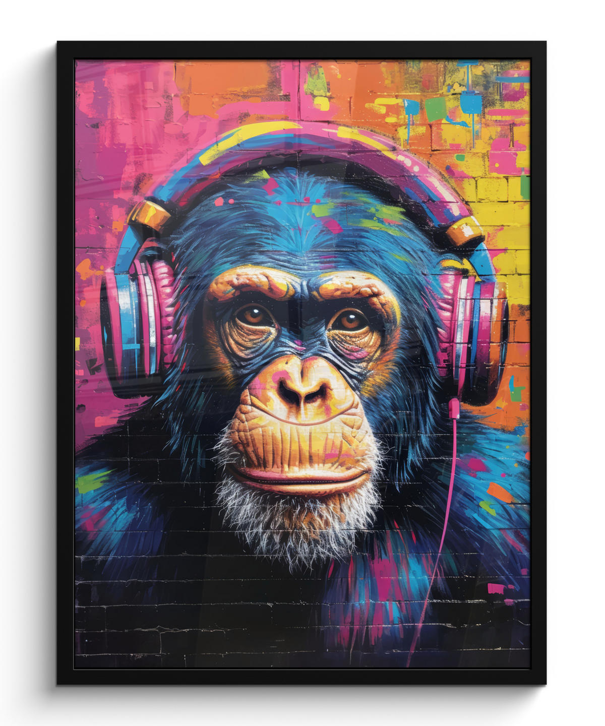 GERAHMTES BILD Graffiti - Schimpanse - Straßenkunst - Kopfhörer - Affe 60x80 cm - Blau, Papier (60/80cm) - MuchoWow